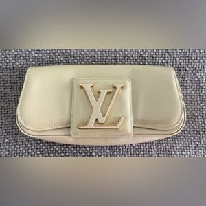 Louis Vuitton Cream Patent Leather SOBE Clutch with Gold LV Emblem
